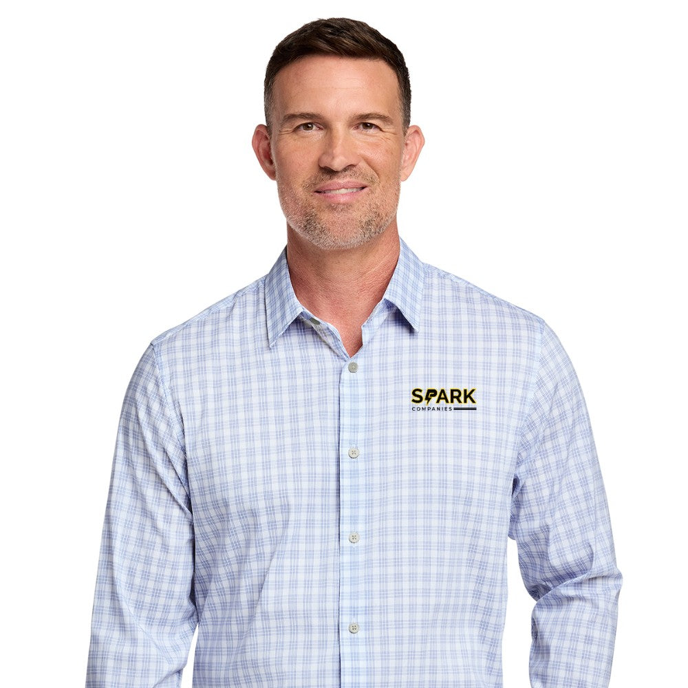 Spark Companies Brooks Brothers Tech Stretch Patterned Shirt - White/ Newport Blue Grid Check